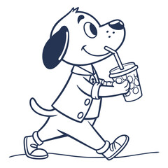 Cartoon Dog Walking, Drinking Beverage, Cute, Outline, Line Art, Happy, Energetic