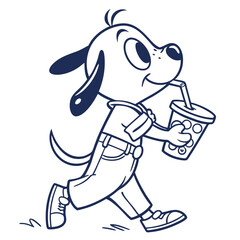 Outlined Cartoon Dog Walking, Drinking Soda With Straw, Wearing Overalls and Shoes
