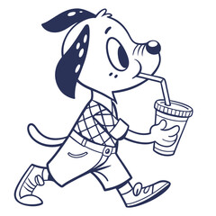 Line Art Dog Cartoon Walking, Sipping Drink, Outfit with Plaid Shirt and Shorts