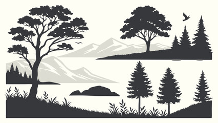Nature Landscape Silhouettes Graphic Trees Mountains Water Outdoor Scene