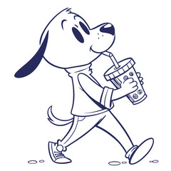 Cartoon Dog Character Walking and Drinking From Soda Cup, Mascot, Line Art Style