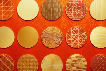 Modern geometric gold discs on orange surface