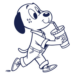 Cartoon Dog Running with Drink Outline, Cute Pet in Clothes, Sipping, Design
