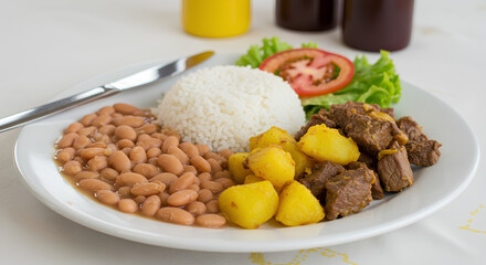 Prato típico brasileiro com arroz branco, feijão carioca, carne cozida com batata, alface e tomate, servido em fundo claro e ambiente de refeição caseira.

