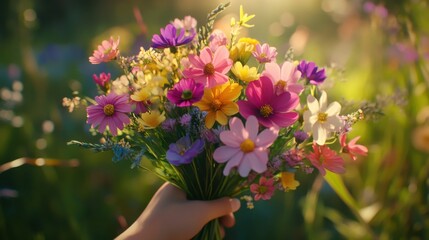 Hand holding bouquet of colorful wildflowers