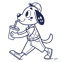 Line Art Dalmatian Puppy Walking and Drinking Soda, Wearing Hat and Shirt Outline Drawing