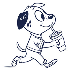 Cartoon Dalmatian Dog Walking and Drinking with Straw in Blue and White Outline Style