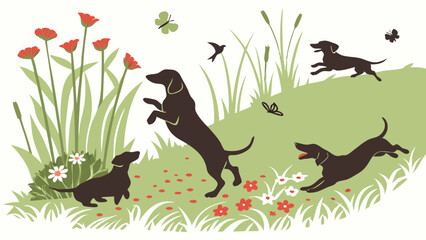 Vibrant Stylized Illustration of Happy Brown Hounds Playing Running Jumping in a Sunny Summer Meadow with Red Poppies White Daisies Butterflies