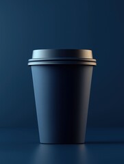 Paper dark blue coffee cup with black lid on a clean dark blue background.