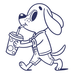 Walking Dog Line Art Canine Sipping From Cup with Straw, Wearing Shirt & Shorts