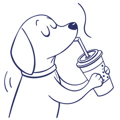 Line Art Beagle Drinking from a Cup with Straw and Collar; Cute, Minimalist
