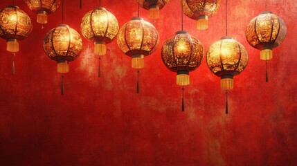 Hanging Chinese lanterns against red wall