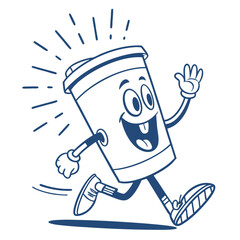 Smiling Coffee Cup Cartoon Character Running Energetically, Joyful Expression, Fast Motion