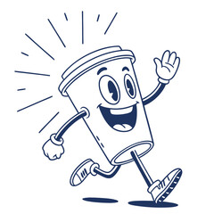 Cartoon Coffee Cup Character Running, Happy Face, Arm Waving, Shoes, Line Art, Mascot