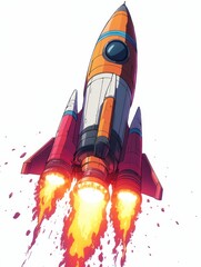 Powerful comic rocket ship launching flames