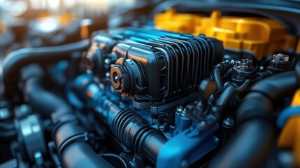 Close-up view of a modern car engine, showcasing intricate details and technological advancements. The image emphasizes the complexity and precision of automotive engineering.