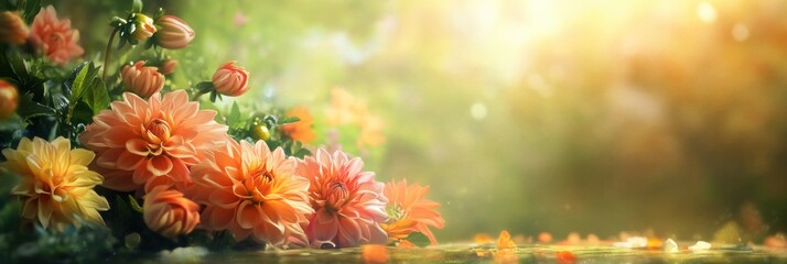 Dahlia flowers beside glowing water in sunlight