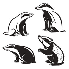 Badgers Silhouette Set Forest Animal, Wildlife Mammal, European Badgers, Black and White © Shipon