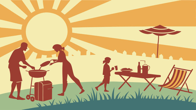 Retro Style Sunny Summer Family Backyard Barbecue Picnic Scene Illustration