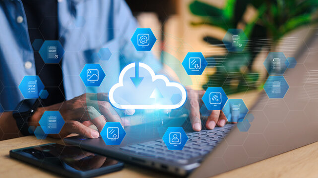 Cloud computing concept. Remote cloud data storage communication with company computer network. Cloud services. Download, upload data on internet.