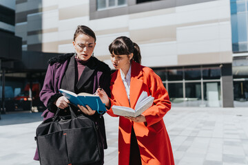 Two businesswomen in stylish coats are engaged in a discussion, reviewing documents outside of a...