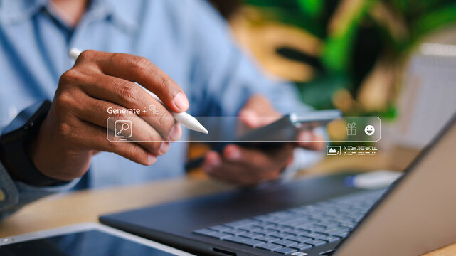 AI search technology concept. Businessman touch search bar on virtual screen. Change online search with generative AI.