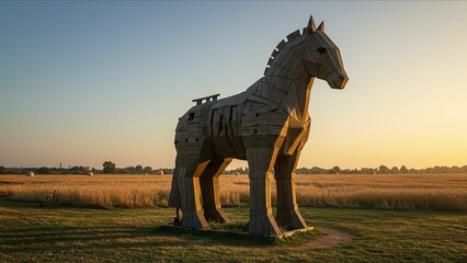Wooden Trojan Horse Statue in Field