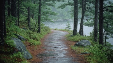 Obraz premium Tranquil forest path leads to misty lake