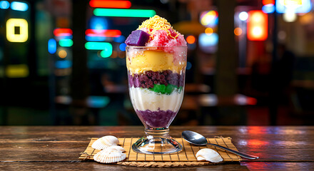 Filipino halo-halo, colorful shaved ice dessert with purple yam, beans and leche flan in a tall glass