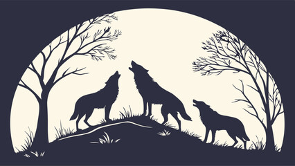 Dark Silhouette Art of Three Howling Wolves on a Hill Under Moon Nature Wildlife Papercut Stencil Style Landscape