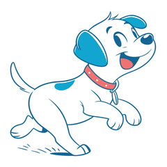 Joyful Cartoon Dog Running with Red Collar and Blue Accents on White