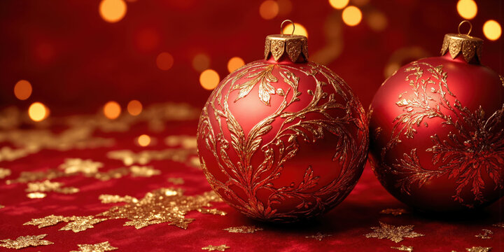 Festive Ornament A red background with intricate gold patterns inspired by traditional holiday designs. Warm lighting adds a cozy, celebratory