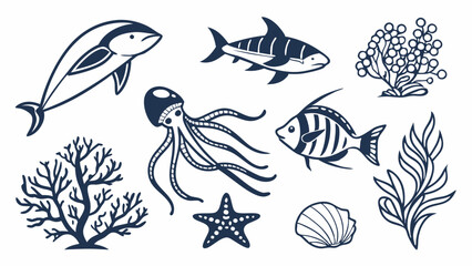 Hand Drawn Ocean Animals Marine Life Sketch Set Dolphin Shark Jellyfish Fish Starfish Coral Seaweed Seashell Art