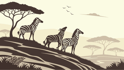 Stylized Sepia Illustration Three Zebras Standing on Savanna Hill with Acacia Trees and Birds