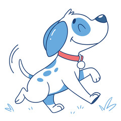 Happy White Cartoon Dog with Blue Spots Running on Grass, Red Collar and a White Background