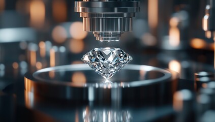 Close-up of intricate machine crafting sparkling diamond, reflective light on smooth surfaces, gentle shadows on surroundings, high-tech lab or factory setting, surrounded by scientific equipment, 