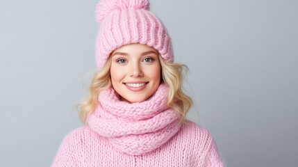 A woman wearing a cozy pink knit hat and scarf, smiling warmly against a plain grey background, and winter fashion concept with soft lighting.