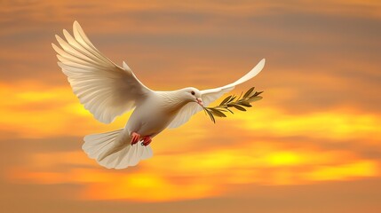 Dove carrying an olive branch at sunset.