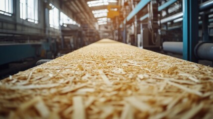 Inside an OSB manufacturing plant, workers are engaged in selecting wood strands that are glued and pressed to create sturdy oriented strand boards. The area is filled with machinery