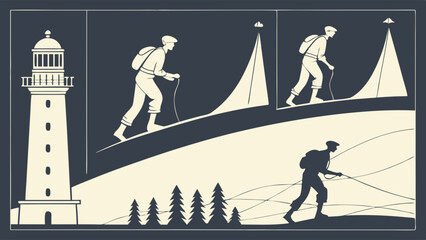 Vintage Style Graphic Hiker Trekking Coastal Landscape Lighthouse Hills and Peaks