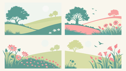 Obraz premium Stylized Vector Nature Landscape Illustrations Set with Rolling Hills Trees Flowers and Birds