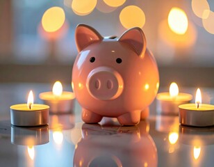 Pink Piggy Bank Surrounded by Candles with Warm Bokeh Background for Financial Savings Concept