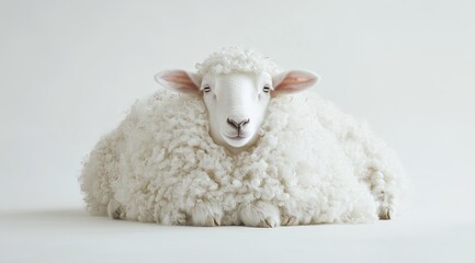 Obraz premium A white sheep, covered in fluffy white wool, resting on the ground