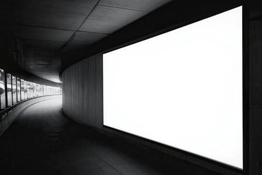 Empty illuminated billboard in a curved urban tunnel with smooth walls and dim lighting