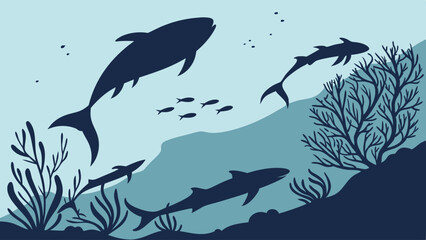 Underwater Silhouette Illustration Sharks Fish and Coral Reef Ocean Life Scene