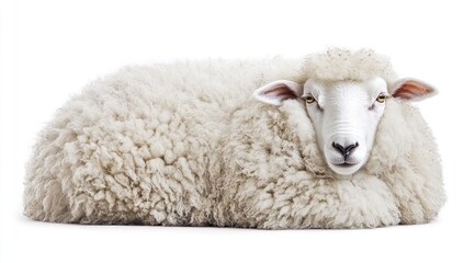 A white sheep, covered in fluffy white wool, resting on the ground