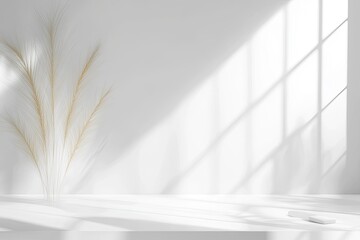 Empty white room, natural light, minimalist aesthetic  Dried plant in corner, shadows on the wall
