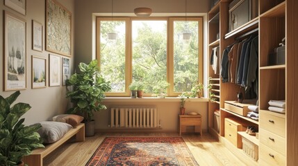 Floating storage and hanging racks with textured rug in dressing space