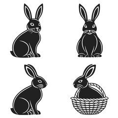 Black Rabbit Silhouette Set Four Different Poses, Easter Bunny, Wicker Basket Element