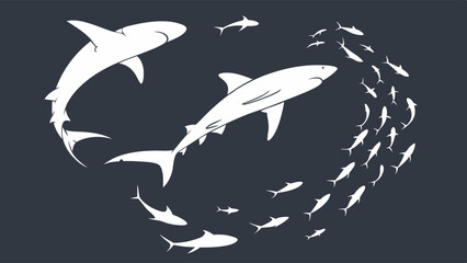 White Silhouette Sharks and Fish School Arranged in Heart Shape Marine Illustration